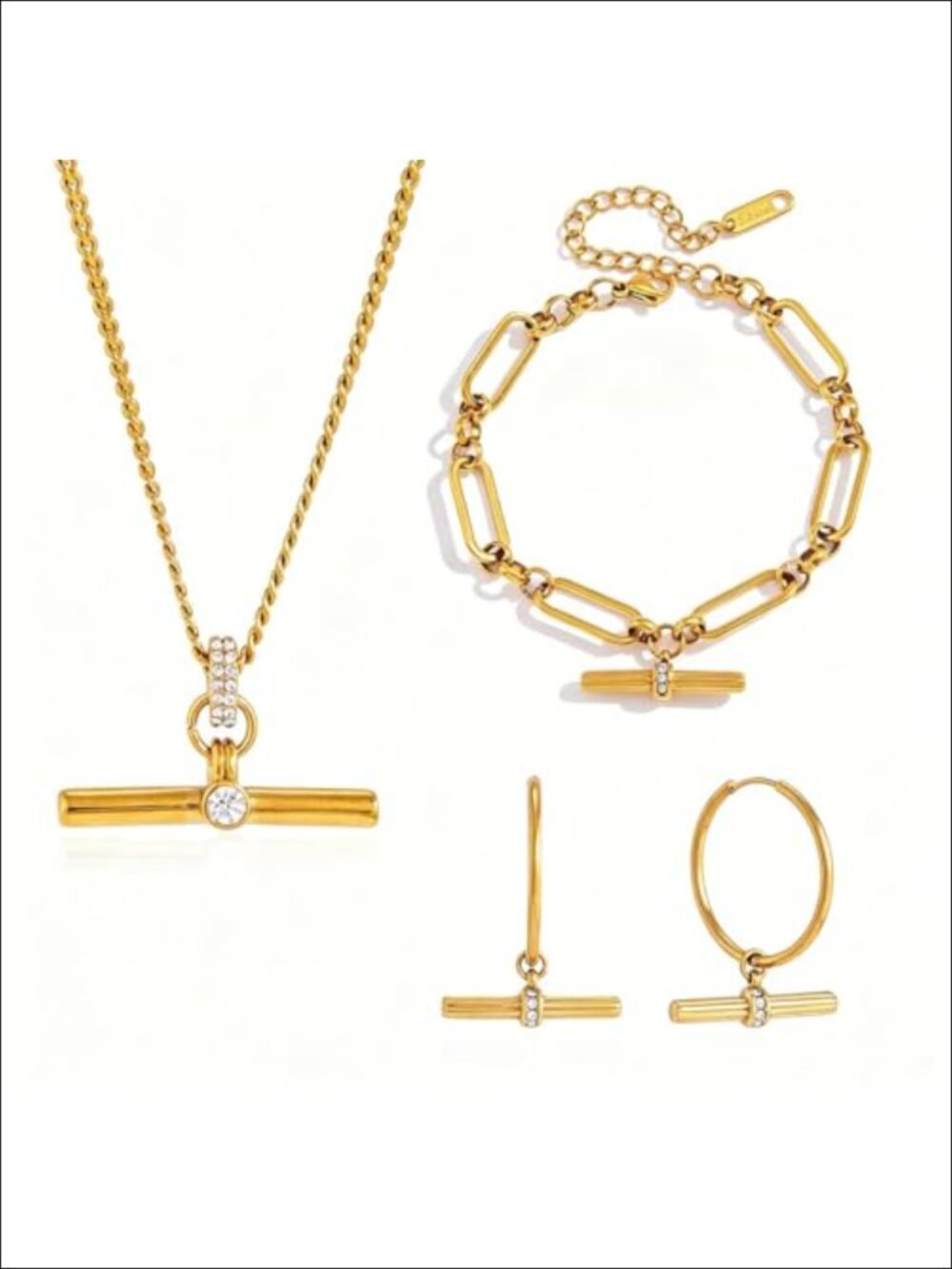 3-Piece T-Bar Jewelry Set - 18K Gold Plated Stainless Steel Waterproof Gift